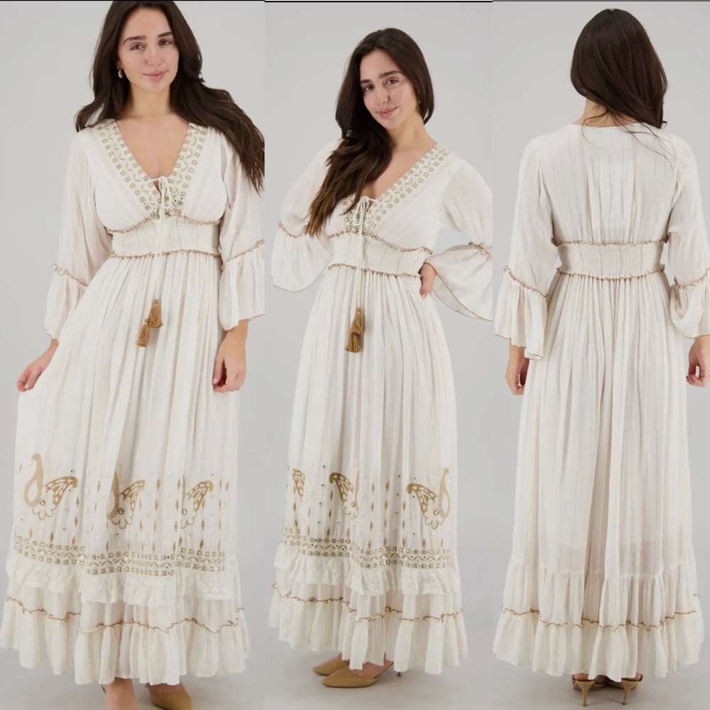 Beige khaki gold Indian boho bohemian embellished shimmer tassel maxi lux dress - Picture 2 of 8